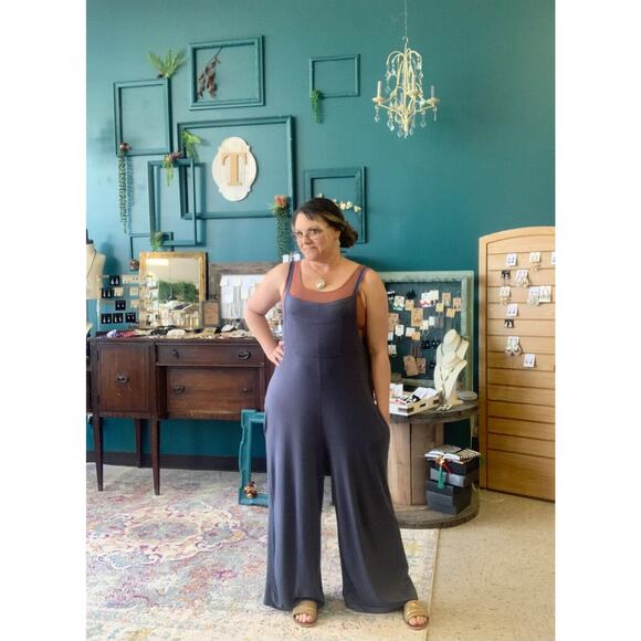 Elloh Womens Jumpsuit Small Blue Stretch Wide Leg Pants Romper Overalls Pockets - Picture 6 of 10